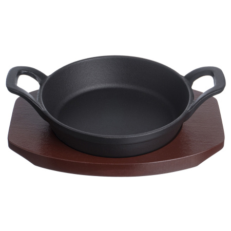 Сковорода порц. d=16 см. h=4,7 см. 0,5 л. чугун. с 2 ручками на дерев. подставке /1/