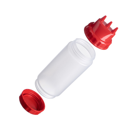 Емкость для соуса  500 мл. d=70 мм. h=200 мм. с 2 крышками 3 носика прозрачная, крышки красные GP /1/96/